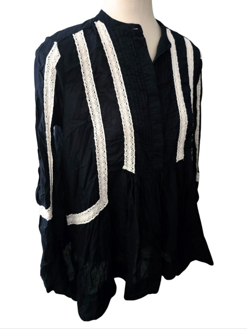 Maria Cher Black Crochet Lace Pintuck Cotton Tunic Blouse Size 2 Bohemian - Picture 2 of 4